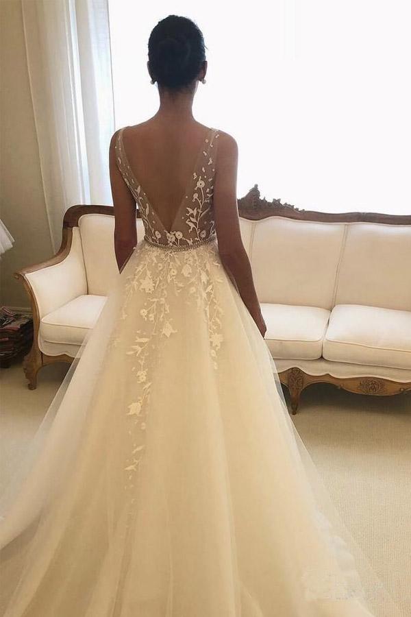 Backless Rustic V-Neck Lace Wedding Dresses Wedding Dress, MW287 Musebridals Backless Rustic V-Neck Lace Wedding Dresses Wedding Dress, MW287 Musebridals