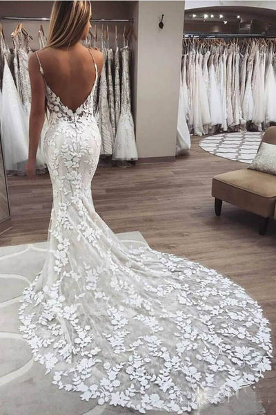 Gorgeous Ivory Backless Lace Mermaid Long Wedding Dresses with Appliques,  MW155