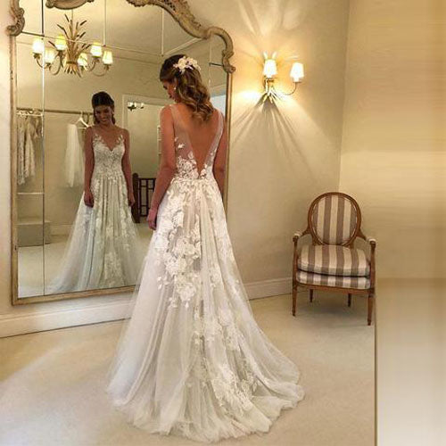 musebridals.com offer Gorgeous A-line Lace V-neck Tulle Long Wedding Dress with Appliques,MW289