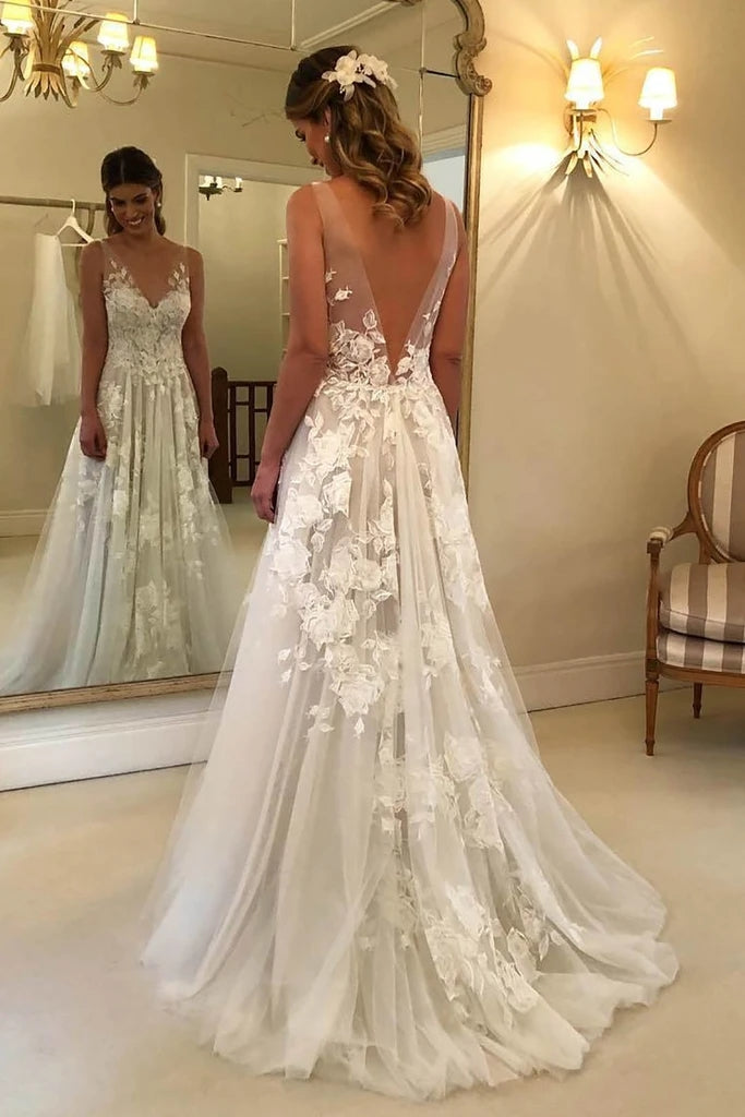 Gorgeous A-line Lace V-neck Tulle Long Wedding Dress with Appliques,MW289 | lace wedding dresses | wedding gowns | bridal dresses | cheap wedding dresses | ivory wedding dresses | Musebridals