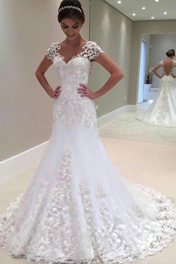 Gorgeous Long Mermaid Lace Cap-Sleeve 2019 Wedding Dress,MW292|musebridals.com