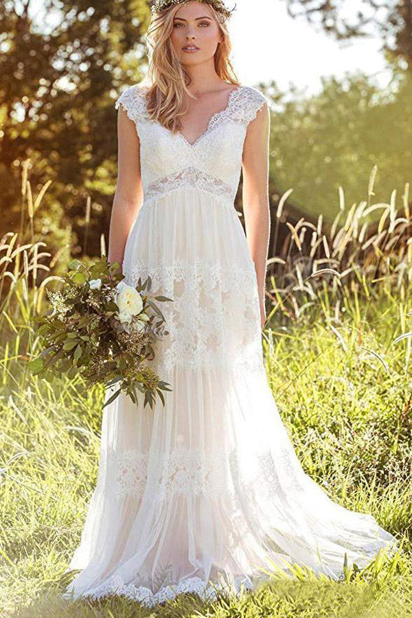  Simple A-Line V-Neck Bohemian Lace Bridal Gown Beach Wedding Dresses,MW293|musebridals.com