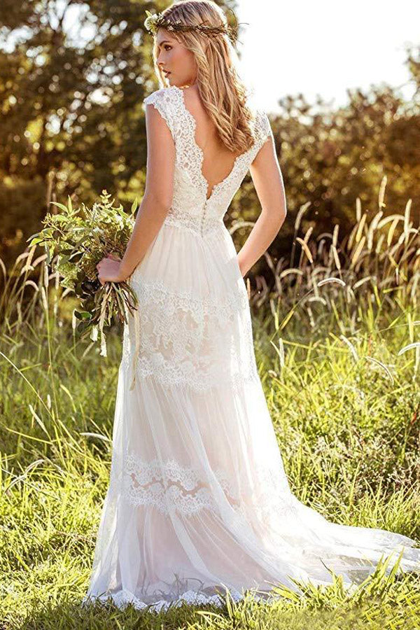 Musebridals.com offer  Simple A-Line V-Neck Bohemian Lace Bridal Gown Beach Wedding Dresses,MW293