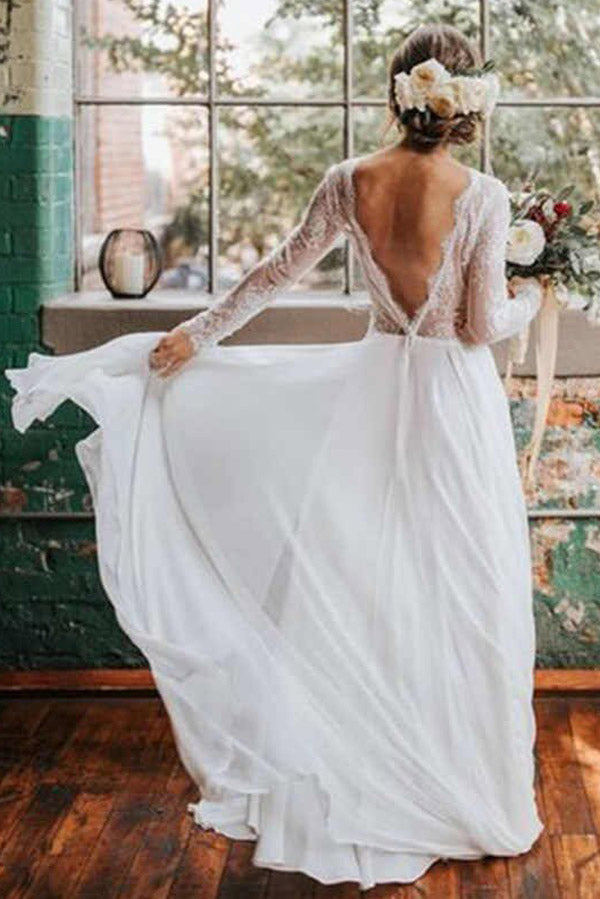Romantic Boho Long Sleeve Beach Lace Backless Wedding Dress,MW294|musebridals.com