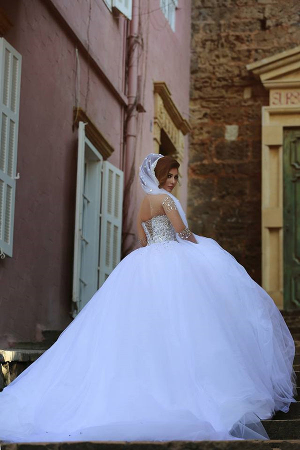 Musebridals.com offer Vintage Long Sleeve Beadings Ball Gown Tulle Wedding Dress,MW297