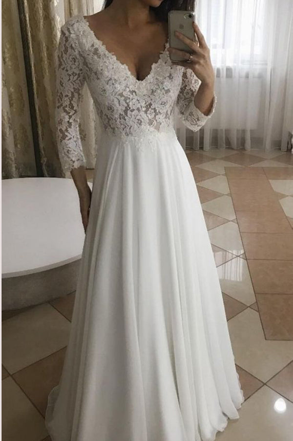 Musebridals.com offer Elegant A-Line V-Neck Long Sleeves White Lace Long Wedding Dresses,MW298