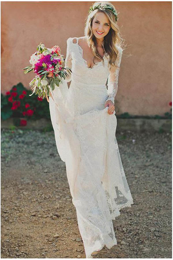 Long Sleeve Lace V-Neck Ivory Vintage Beach Wedding Dresses,MW299|musebridals.com