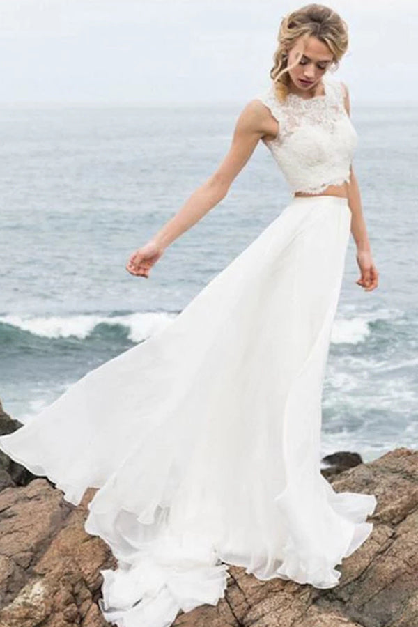 Elegant Two Pieces Lace Straps Chiffon Wedding Dresses,MW301|musebridals.com