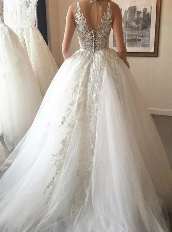 Musebridals.com offer Cheap Ball Gown V-Neck Ivory Open Back Wedding Dress with Appliques,MW302