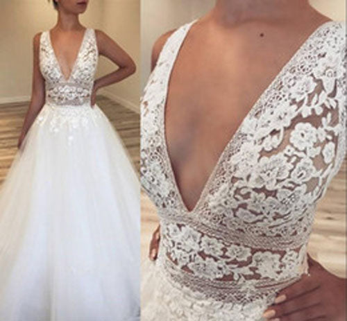 Musebridals.com offer Deep V-Neck Tulle Bridal Gowns | Lace Appliques Sleeveless Wedding Dresses,MW305