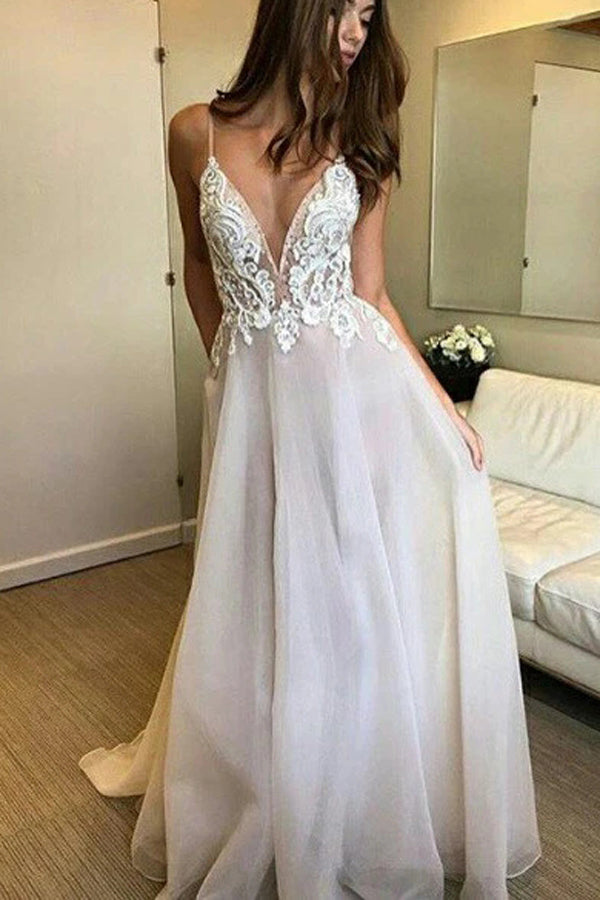 Spaghetti Straps Deep V-neck Lace Appliqued Beach Wedding Dress, MW306|musebridals.com