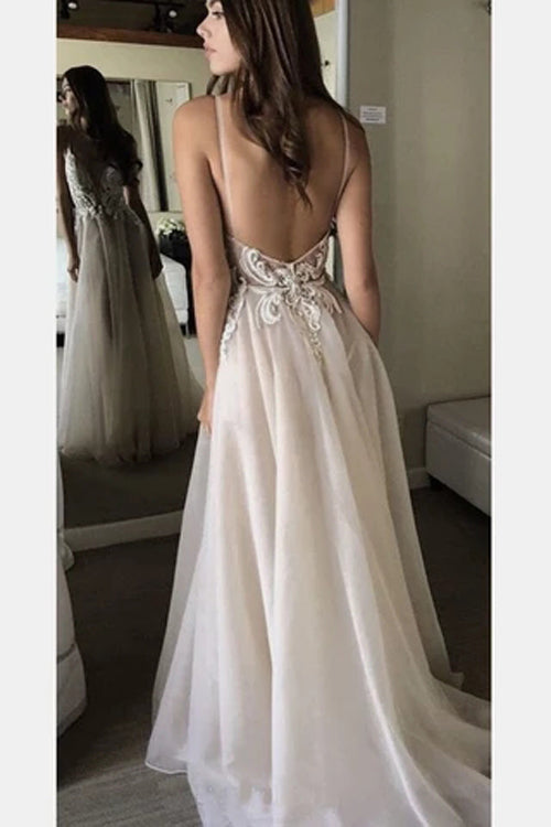 Musebridals.com offer Spaghetti Straps Deep V-neck Lace Appliqued Beach Wedding Dress, MW306