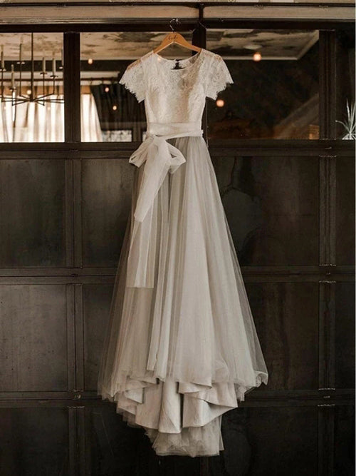 short white country wedding dresses Square Neck White Satin Short Wedding Dress with Bow Back and Veil, Diamond White / 2