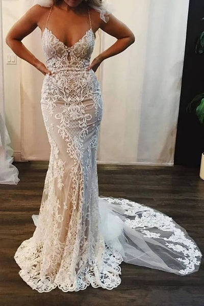 Mermaid Lace Appliques Spaghetti Straps V-Neck Ivory Wedding Dresses,MW311|musebridals.com