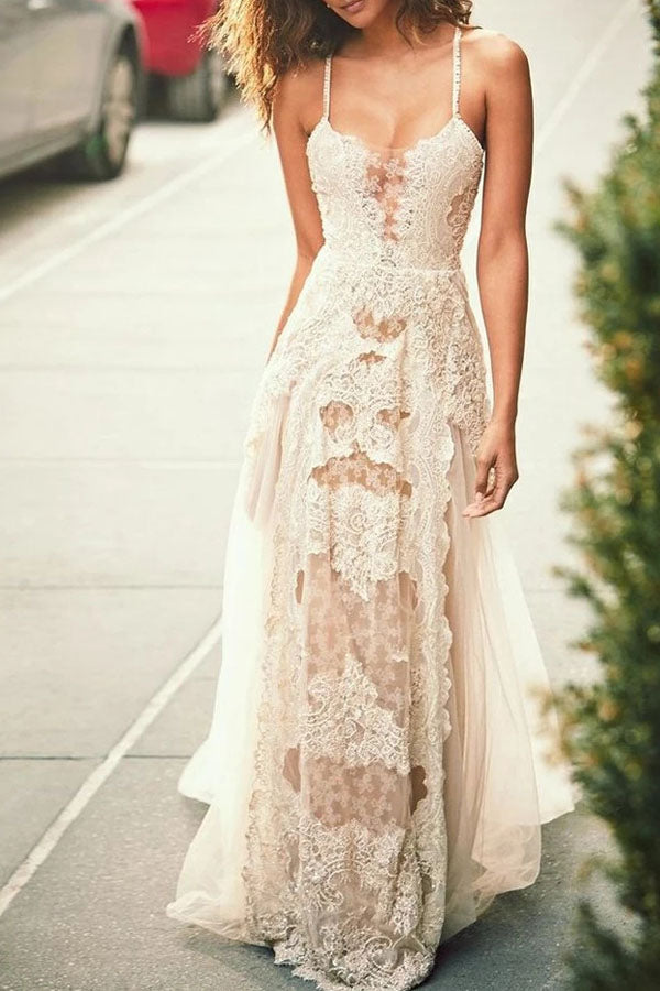 Cheap Spaghetti Straps Tulle Beach Wedding Dress, Lace Appliques Bridal Dresses,MW312|musebridals.com