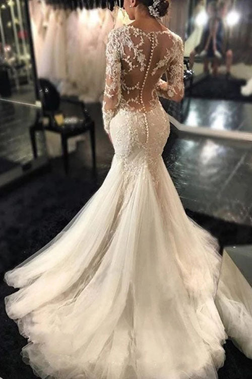 Elegant Long Sleeves Court Train Ivory Wedding Dress With Lace Appliques,MW313 Musebridals Elegant Long Sleeves Court Train Ivory Wedding Dress With Lace Appliques,MW313 Musebridals