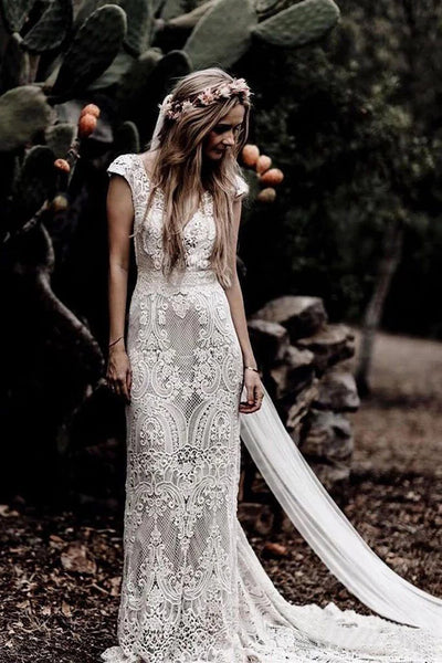 sheath wedding dress Beaded Lace Long Sleeve Dress, MW1046 Size 30 Cap Sleeve Sheath Boho Wedding