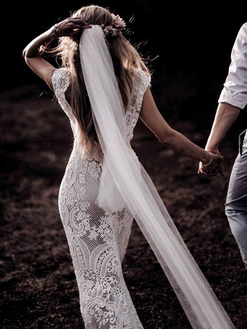 Musebridals.com offer Cap Sleeve Sheath Boho Wedding Dresses Vintage Lace Rustic Wedding Dress,MW314