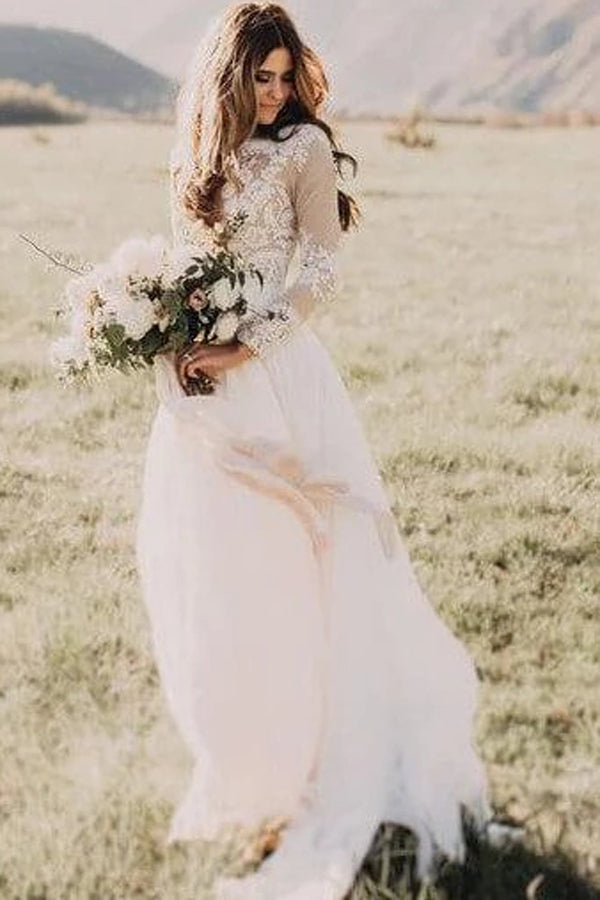 Rustic Long Sleeve Weding Dresses Lace Appliqued Ivory Beach Wedding Dress,MW315|musebridals.com