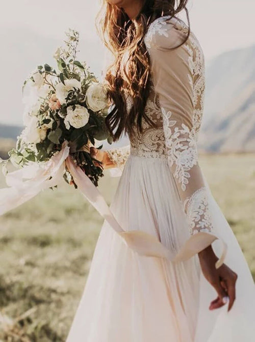 Rustic Long Sleeve Weding Dresses Lace Appliqued Ivory Beach Wedding Dress,MW315