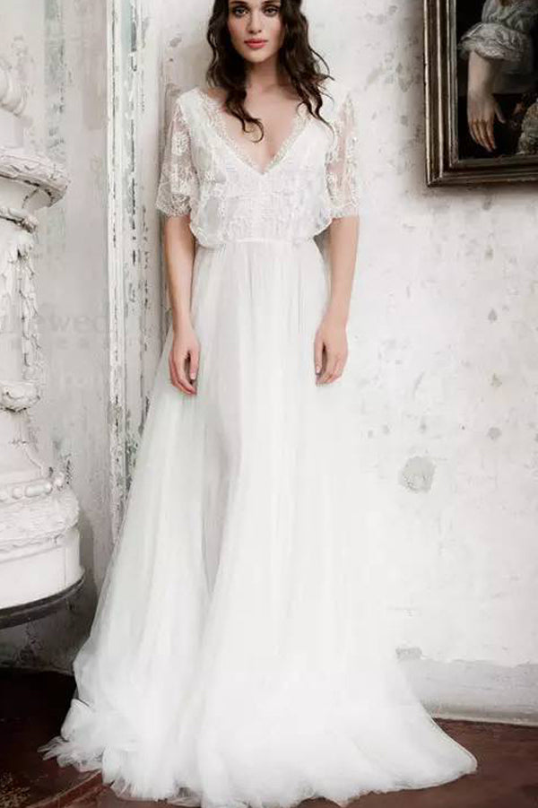 Short Sleeve Boho Wedding Dresses Ivory Lace Chiffon Rustic Wedding Gown,MW316|musebridals.com