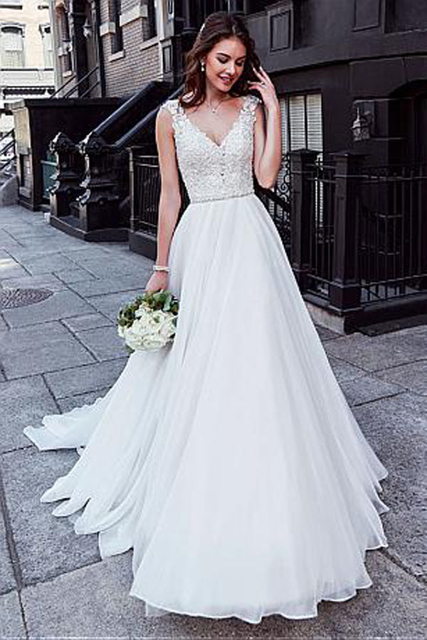 Charming Tulle V-neck A-line Wedding Dress With Beaded Lace Appliquess,MW318|musebridals.com