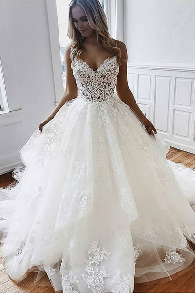 low cut ball gown wedding dress Glitter Long Bridal A Line Wedding Dress