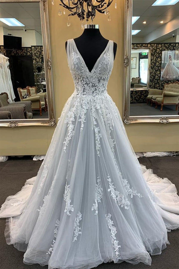 A-line V-neck Pure White Appliqued Wedding Gown Sweep Train Wedding Dress,MW326|musebridals.com