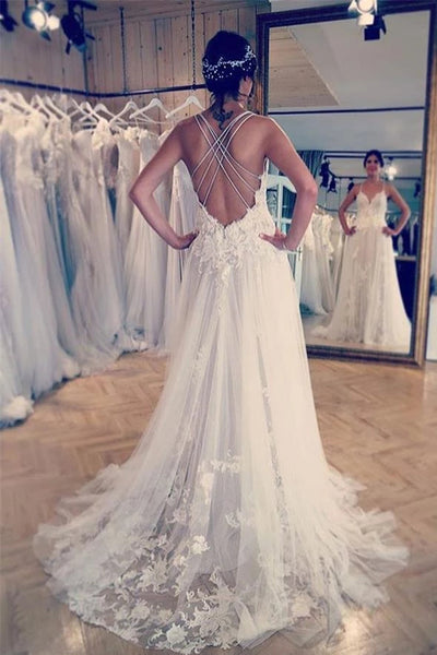 Spaghetti Straps Ivory Wedding Dresses Appliques Cross Back Wedding Gowns,MW327|musebridals.com
