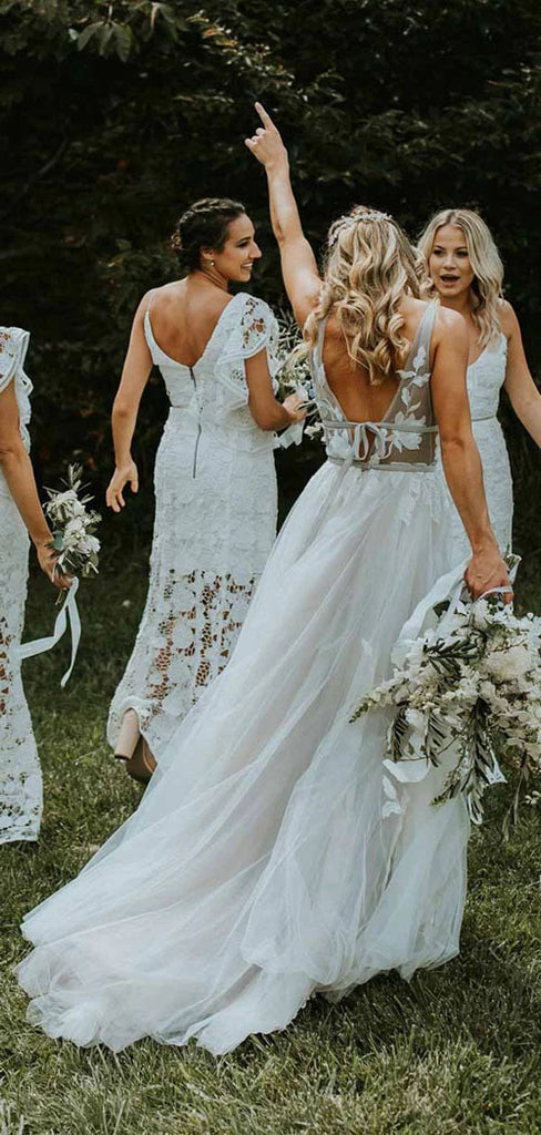 Musebridals.com offer See Through Tulle V-neck Lace Ivory V-back Beach Wedding Dresses,MW329