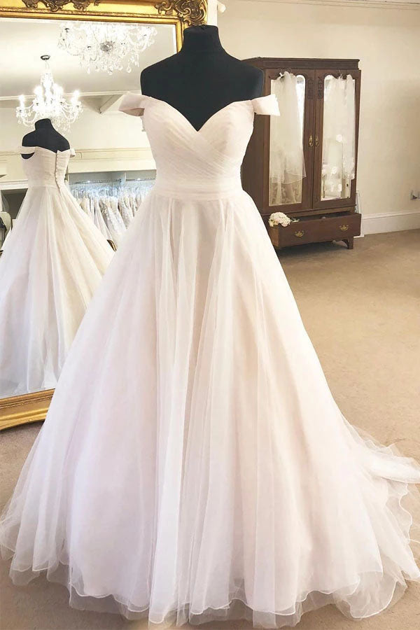 Tulle Off the Shoulder A-Line Sleeveless Ivory Wedding Dress with Pleats,MW330|musebridals.com