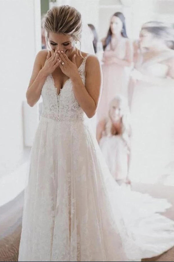 Lace Wedding Dresses with Court Train,Custom Made Wedding Gown,MW332|musebridals.com