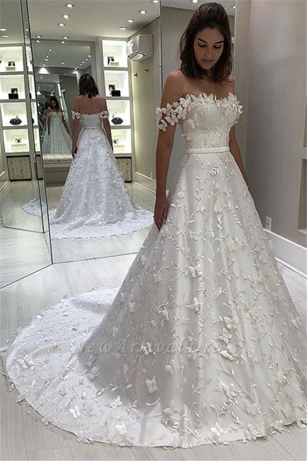 Cheap Off Shoulder A-line Long Wedding Dresses Lace Bridal Dresses,MW333|musebridals.com