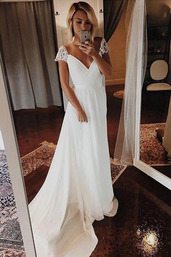 Simple A-line Chiffon Wedding Dresses Cap Sleeve V-neck Bohemian Beach Bridal Gowns,MW335|musebridals.com