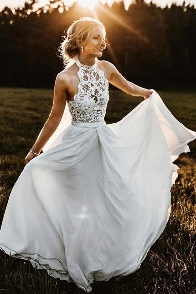 Chiffon A-Line Halter Sleeveless Long Beach Wedding Dress with Lace,MW336 Chiffon A-Line Halter Sleeveless Long Beach Wedding Dress with Lace,MW336