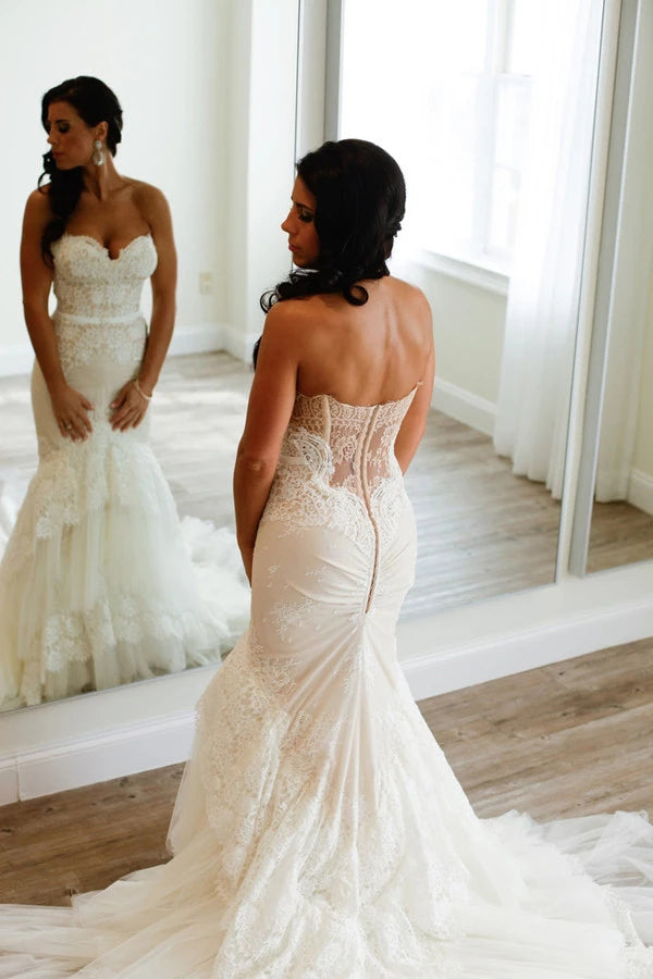 Sweetheart Mermaid Tiered Lace Wedding Dress Ruched with Sweep Train,MW337|musebridals.com