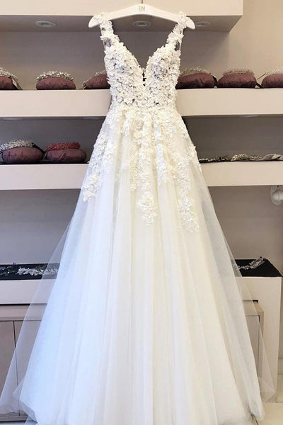 Cheap V-neck Long Wedding Dresses A-line Bridal Gowns with Appliques,MW339 | musebridals.com