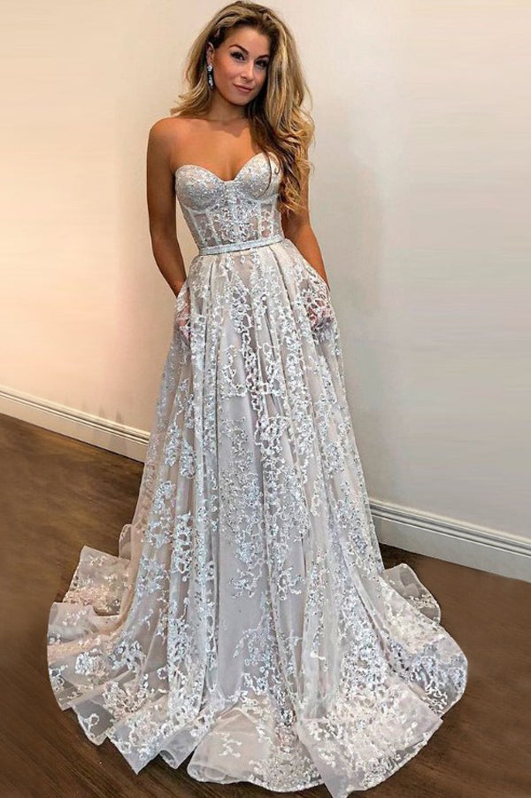 Musebridals.com offer A-line Sweetheart Strapless Sweep Train Lace Pockets Wedding Dress with Sequins,MW342