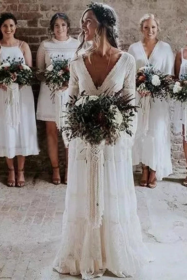 A-line Long Sleeve Deep V-neck Lace Backless Wedding Dresses Long Bridal Dresses,MW343|musebridals.com