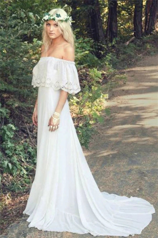 A-line Off the Shoulder Bohemian Lace Chiffon Ivory Summer Beach Wedding Dresses,MW344|musebridals.com