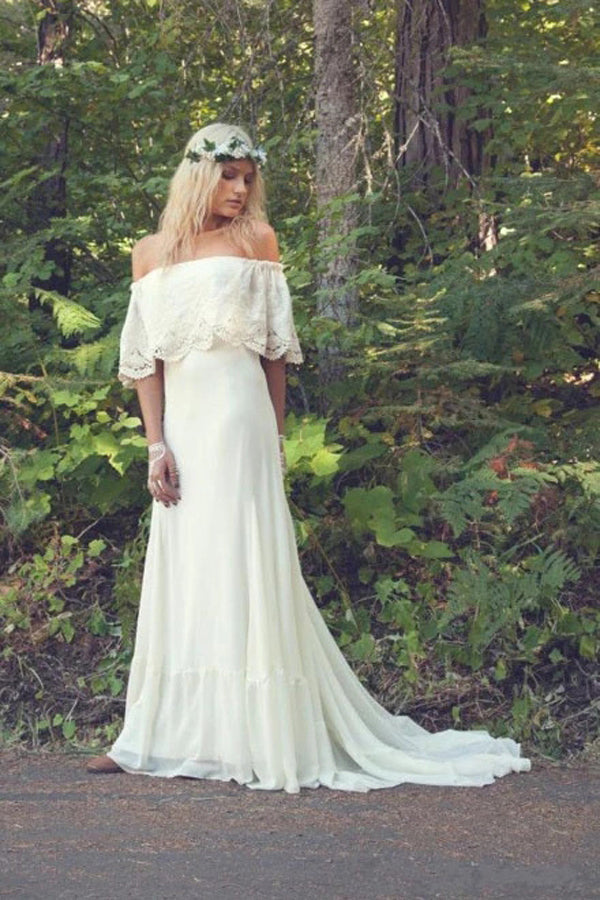 Musebridals.com offer A-line Off the Shoulder Bohemian Lace Chiffon Ivory Summer Beach Wedding Dresses,MW344