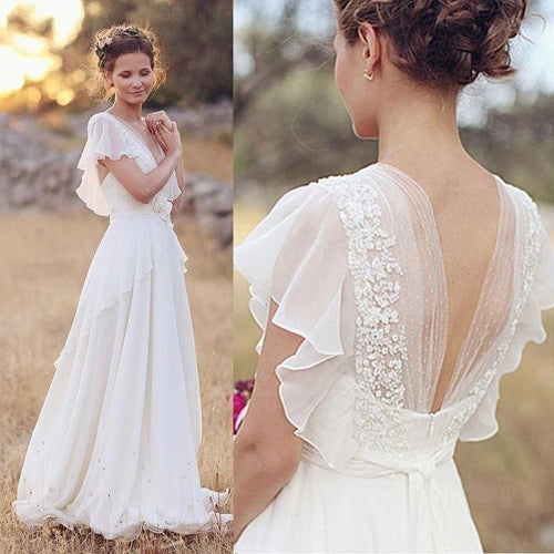 Musebridals.com offer Elegant A-Line Ivory Flower Cap Sleeve V-Neck Chiffon Open Back Wedding Dresses,MW345