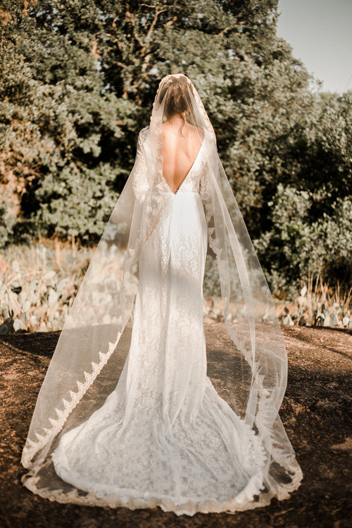 Musebridals.com offer Illusion Neckline Ivory Lave Wedding Dress Long Sleeves Sheath Bridal Dress,MW350