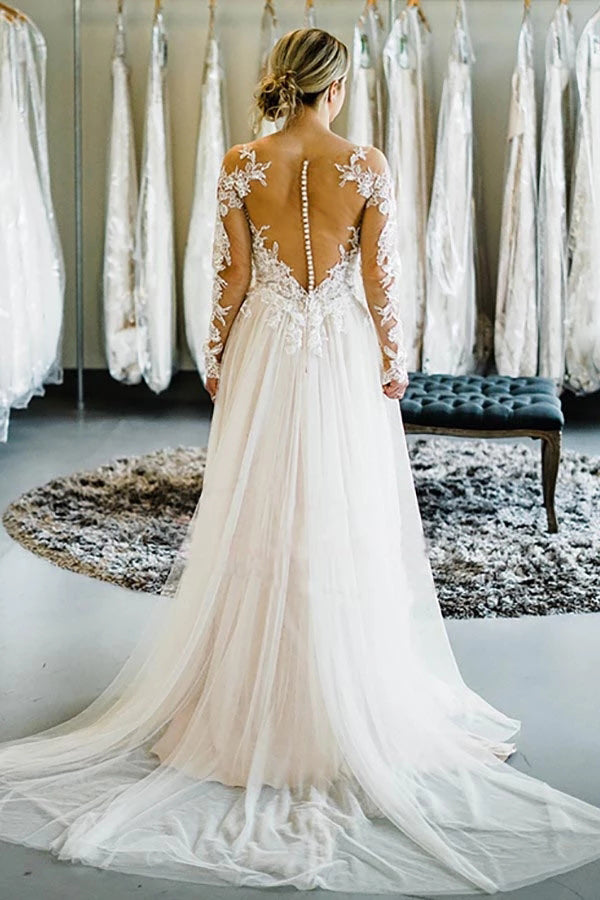 Off the Shoulder Long Sleeves Sweep Train Long Wedding Dress Bridal Gown,MW352|musebridals.com