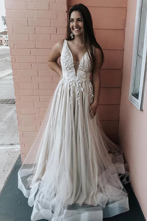 A-Line Appliqued V-neck Satin and Tulle Ivory Bridal Gown Wedding Dress,MW353|musebridals.com