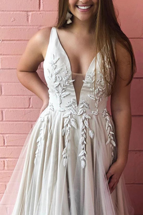 Musebridals.com offer A-Line Appliqued V-neck Satin and Tulle Ivory Bridal Gown Wedding Dress,MW353