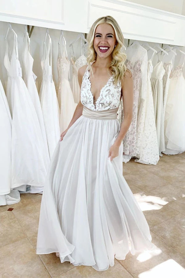 Elegant Tulle Criss Cross Deep V-Neck Wedding Dress with Waistband,MW355 | musebridals.com