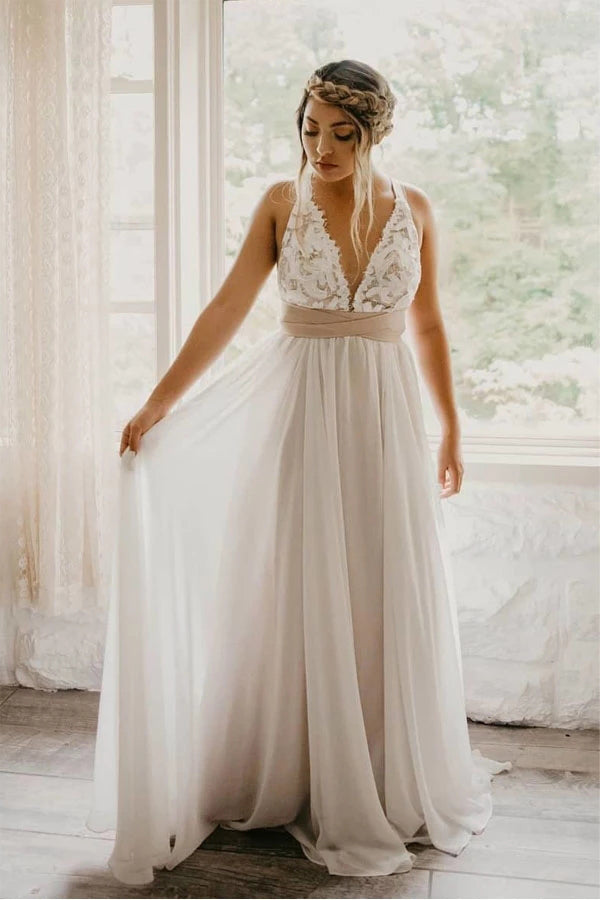 Elegant Tulle Criss Cross Deep V-Neck Wedding Dress with Waistband,MW355