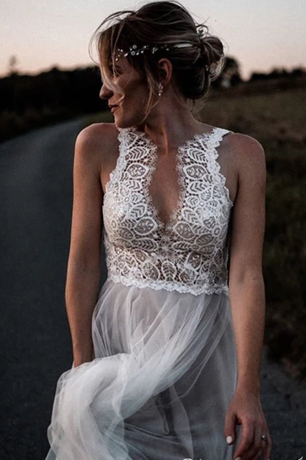 Lace Bodice Tulle Skirt Bridal Gown with a Low V Back Minimalist Weddi Musebridals Lace Bodice Tulle Skirt Bridal Gown with a Low V Back Minimalist Weddi Musebridals