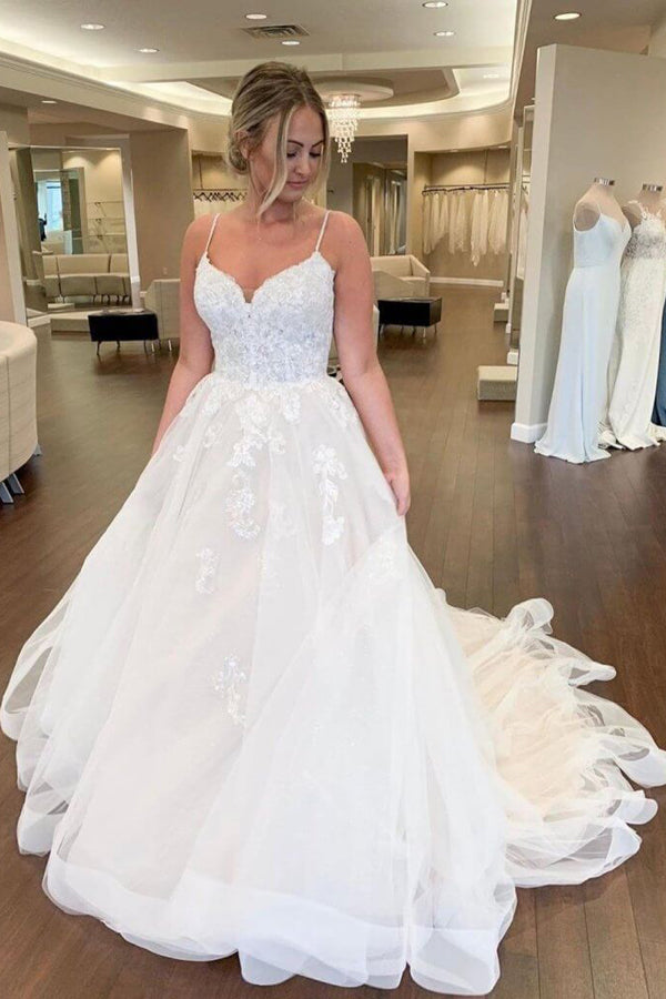 Deep Sweetheart Tulle Wedding Gown with Lace Spaghetti Straps Court Train Wedding Dress,MW361